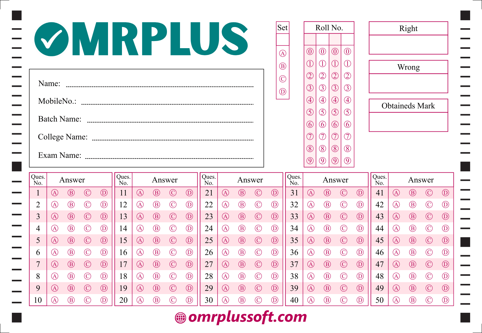 OMR Sheet of 50 Marks Design