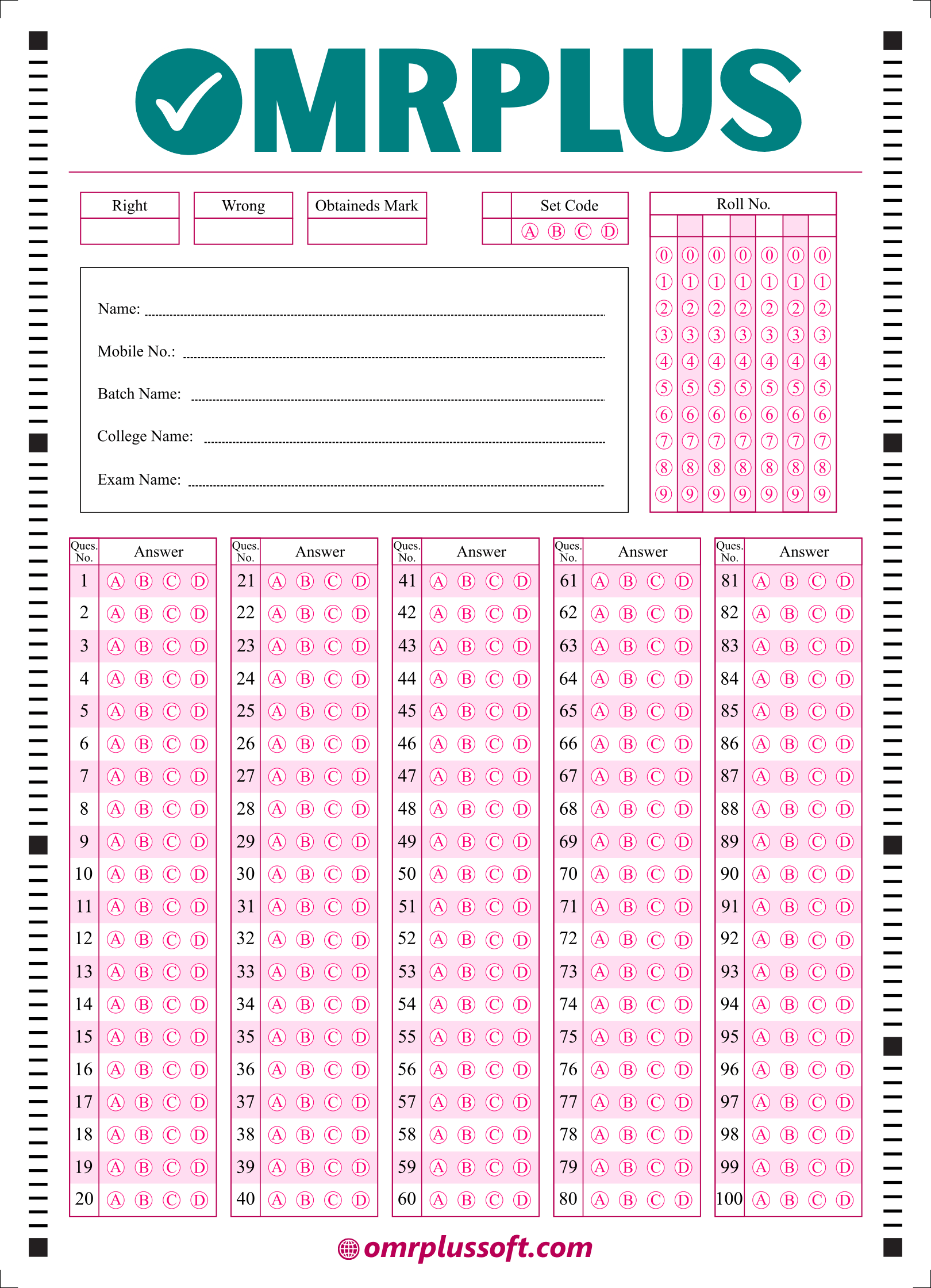 OMR Sheet of 100 Marks Design